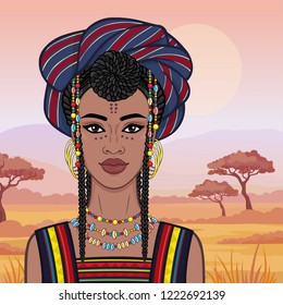 Animation portrait of the beautiful African woman  in a turban. Savanna princess, Amazon, nomad. Background - a landscape the desert.  Vector illustration.