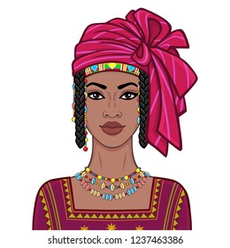 Animation portrait of the beautiful African woman in ancient clothes and turban. Color drawing. Vector illustration isolated on a white background. Print, poster, t-shirt, card.