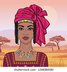 Animation portrait of the beautiful African woman in a turban and ancient clothes. Background - a landscape savanna, sunset, mountains.Vector illustration. 