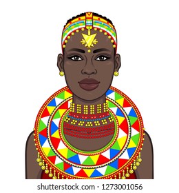 Animation portrait of the beautiful African woman in ancient clothes and jewelry. Color drawing. Vector illustration isolated on a white background. Print, poster, t-shirt, card.