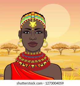 Animation portrait of the beautiful African woman in ancient clothes and jewelry. Hunter, nomad, fairy tale goddess. Color drawing. Background - a landscape the savanna. Vector illustration.