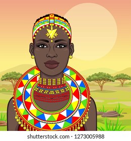 Animation portrait of the beautiful African woman in ancient clothes and jewelry. Hunter, nomad, fairy tale goddess. Color drawing. Background - a landscape the savanna. Vector illustration.