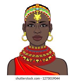 Animation portrait of the beautiful African woman in ancient clothes and jewelry. Color drawing. Vector illustration isolated on a white background. Print, poster, t-shirt, card.