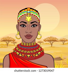 Animation portrait of the beautiful African woman in ancient clothes and jewelry. Hunter, nomad, fairy tale goddess. Color drawing. Background - a landscape the savanna. Vector illustration.