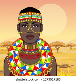 Animation Portrait Of The Beautiful African Woman In Ancient Clothes And Jewelry. Hunter, Nomad, Fairy Tale Goddess. Color Drawing. Background - A Landscape The Savanna. Vector Illustration.