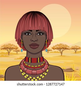 Animation portrait of the beautiful African woman in ancient jewelry. Background - a landscape the savanna, mountains, acacia trees, a sunset.Color drawing. Vector illustration. Print, poster.