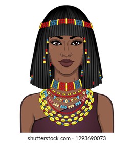 Animation portrait of the beautiful African woman in ancient jewelry and Afro-hair. Color drawing. Vector illustration isolated on a white background. Print, poster, t-shirt, card. 
