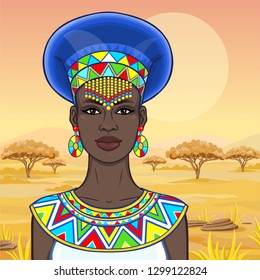 Animation portrait of the beautiful African woman in ancient clothes and jewelry. Color drawing. Background - a landscape the savanna, the nature, a sunset. Vector illustration. 