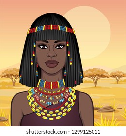 Animation portrait of the beautiful African woman in ancient jewelry and Afro-hair. Color drawing. Background - a landscape the savanna, the nature, a sunset. Vector illustration. 