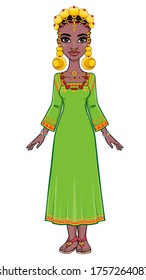 Animation portrait of the beautiful African woman in ancient clothes and jewelry. Full growth. Color drawing. Vector illustration isolated on a white background. 