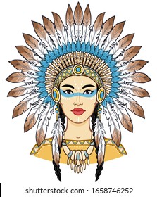 Animation portrait of a beautiful American Indian woman in ancient head dress. Color drawing. Vector illustration isolated on a white background. Print, poster, T-shirt, postcard.