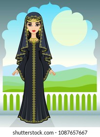 Animation portrait of the beautiful Arab girl standing against the background of a palace window. Full growth. Mountain landscape. Fairy tale character. The place for the text. Vector illustration.
