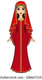 Animation portrait of the beautiful Arab woman in ancient suit: long dress, veil. Full growth. Vector illustration isolated on a white background.