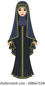 Animation portrait of the beautiful Arab woman in ancient suit: long dress, veil. Full growth. Vector illustration isolated on a white background.