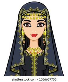 Animation portrait of the beautiful Arab woman in ancient clothes. Vector illustration isolated on a white background.