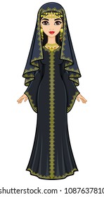 Animation portrait of the beautiful Arab woman in ancient suit: long dress, veil. Full growth. Vector illustration isolated on a white background.