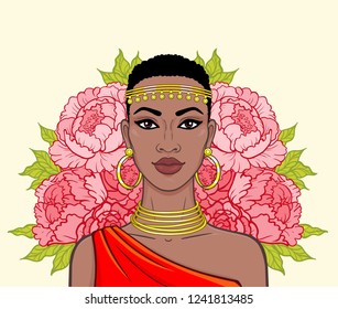 Animation portrait of the beautiful black woman, wreath of flowers.  Color drawing. Vector illustration isolated on a beige background. Print, poster, t-shirt, card.