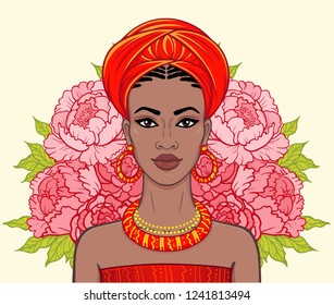 Animation portrait of the beautiful black woman, wreath of flowers.  Lady in red. Color drawing. Vector illustration isolated on a beige background. Print, poster, t-shirt, card.