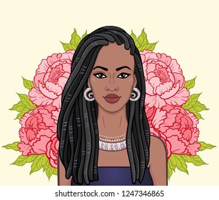 Animation portrait of the beautiful black woman, wreath of flowers.  Color drawing. Vector illustration isolated on a beige background. Print, poster, t-shirt, card.