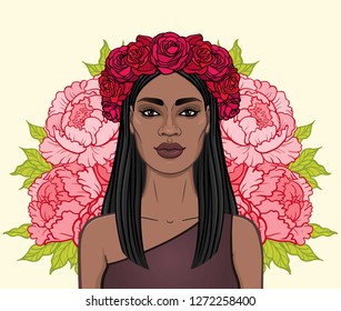 Animation portrait of the beautiful black woman in a wreath of red roses.  Amazon, pagan goddess, princess. Color drawing. Vector illustration isolated on a beige background. Print, poster, t-shirt. 