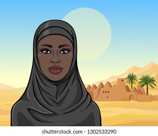 Animation portrait of the beautiful  black woman in a hijab. Color drawing. Background - a landscape the desert, the ancient mosque, palm trees. Vector illustration.