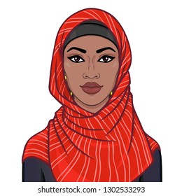 Animation portrait of the beautiful  black woman in a red scarf. Color drawing. Vector illustration isolated on a white background.Template for use.