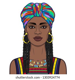 Animation portrait of the beautiful  black woman in a bright turban and Afro-hair. Color drawing. Vector illustration isolated on a white background.Template for use.