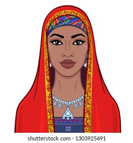 Animation portrait of the beautiful  black woman in a red scarf. Color drawing. Vector illustration isolated on a white background.Template for use.