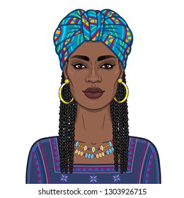 Animation portrait of the beautiful  black woman in a bright turban and Afro-hair. Color drawing. Vector illustration isolated on a white background.Template for use.