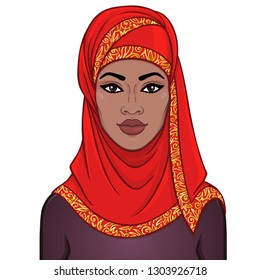 Animation portrait of the beautiful  black woman in a red scarf. Color drawing. Vector illustration isolated on a white background.Template for use.