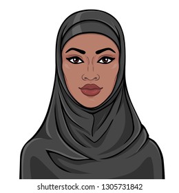 Animation portrait of the beautiful  black woman in a hijab. Color drawing. Vector illustration isolated on a white background.Template for use.