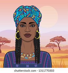 Animation portrait of the beautiful  black woman in a turban and Afro braids. Color drawing. Background - a landscape savanna, mountains, sunset. Vector illustration.