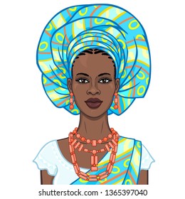 Animation portrait of the beautiful  black woman in a turban and ethnic jewelry. Color drawing. Vector illustration isolated on a white background.Template for use.