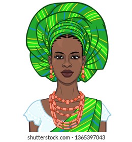 Animation portrait of the beautiful  black woman in a turban and ethnic jewelry. Color drawing. Vector illustration isolated on a white background.Template for use.