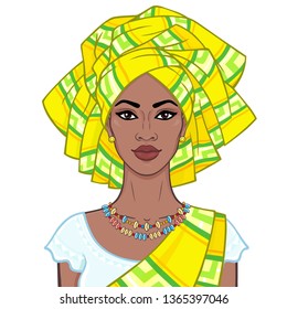 Animation portrait of the beautiful  black woman in a turban and ethnic jewelry. Color drawing. Vector illustration isolated on a white background.Template for use.