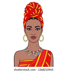 Animation portrait of the beautiful  black woman in a turban and ethnic jewelry. Color drawing. Vector illustration isolated on a white background.Template for use.