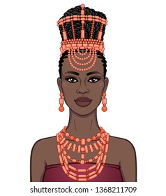 Animation portrait of the beautiful  black woman in a traditional ethnic jewelry. Princess, Bride, Goddess. Color drawing. Vector illustration isolated on a white background.Template for use.