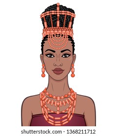 Animation portrait of the beautiful  black woman in a traditional ethnic jewelry. Princess, Bride, Goddess. Color drawing. Vector illustration isolated on a white background.Template for use.