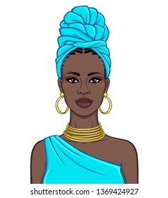 Animation portrait of the beautiful  black woman in a blue turban and gold jewelry. Ethnic style. Color drawing. Vector illustration isolated on a white background.Template for use.