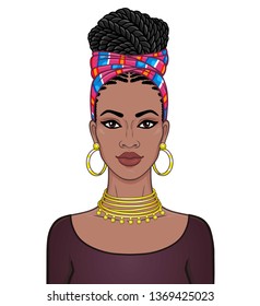 Animation portrait of the beautiful  black woman in a turban and gold jewelry. Ethnic style. Color drawing. Vector illustration isolated on a white background.Template for use.