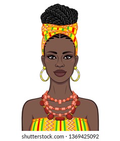 Animation portrait of the beautiful  black woman in a orange turban and ethnic jewelry. Color drawing. Vector illustration isolated on a white background.Template for use.