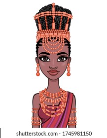 Animation portrait of the beautiful  black woman in a traditional ethnic jewelry. Princess, Bride, Goddess. Color drawing. Vector illustration isolated on a white background.Template for use.