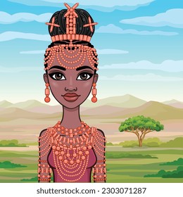 Animation portrait of the beautiful  black woman in a traditional ethnic jewelry. Princess, Bride, Goddess.  Background - landscape desert, mountains, trees. Vector illustration.