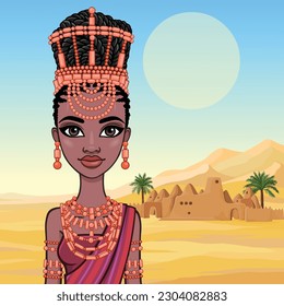 Animation portrait of beautiful  black woman in a traditional ethnic jewelry. Princess, Bride, Goddess.  Background - landscape desert, ancient house, palm trees.  Vector illustration.