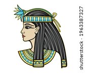 Animation portrait of beautiful Egyptian woman with flower. Goddess, princess. Profile view. Vector illustration isolated on a white background. Print, poster, t-shirt, tattoo.