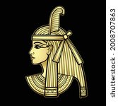 Animation  portrait of beautiful Egyptian woman. Goddess Maat. Gold Imitation. Profile view. Vector illustration isolated on a black background. Print, poster, t-shirt, tattoo.