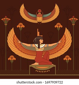 Animation portrait of the beautiful Egyptian woman. The Egyptian goddess Isis and set of Egypt hieroglyphs.