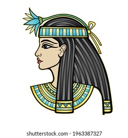 Animation portrait of beautiful Egyptian woman with flower. Goddess, princess. Profile view. Vector illustration isolated on a white background. Print, poster, t-shirt, tattoo.