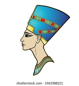 Animation portrait of beautiful Egyptian woman in the crown. Goddess, princess, queen. Profile view. Vector illustration isolated on a white background. Print, poster, t-shirt, tattoo.