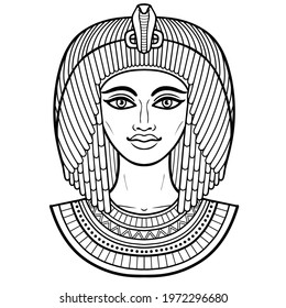 Animation portrait of beautiful Egyptian woman in ancient hairstyle. Goddess, princess, queen. Vector illustration isolated on a white background. Print, poster, t-shirt, tattoo.